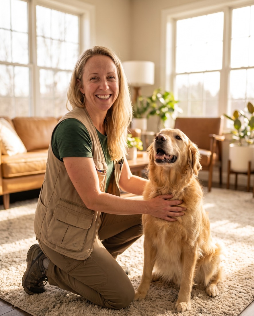 Sarah smiling with a golden retriever